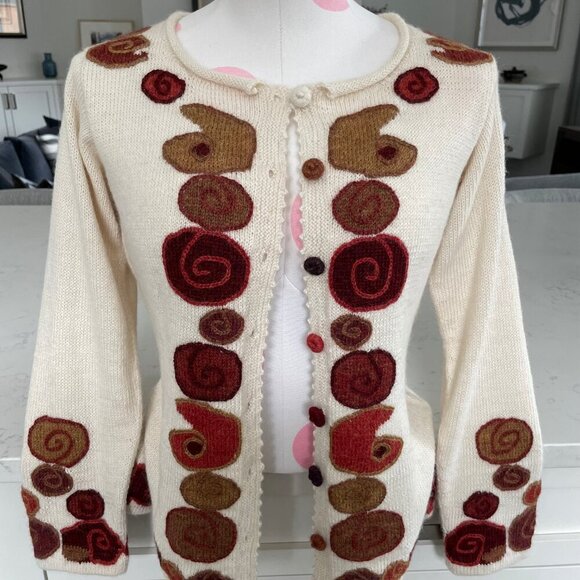 Quipu 100% Baby Alpaca Scoop Nk Knit Cardigan Funky Retro Vibes Cream Multi XS/S - Picture 5 of 12